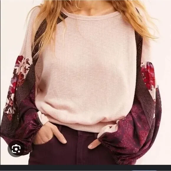 Free People Rose Pink Sweater with Floral Sleeves - Picture 9 of 13